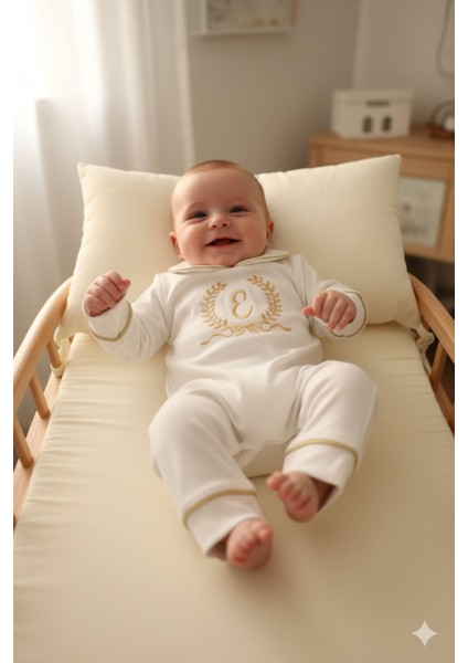 Gold Taç Harf Nakışlı 6'lı Yenidoğan Set %100 Pamuk Tulum Battaniye Şapka Puset Örtü Yastık Eldiven fiyatları