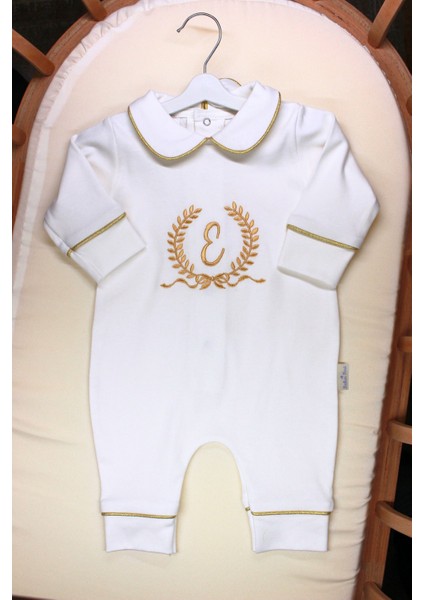 Gold Taç Harf Nakışlı 6'lı Yenidoğan Set %100 Pamuk Tulum Battaniye Şapka Puset Örtü Yastık Eldiven