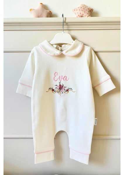 Çiçek Nakışlı Isme Özel 6'lı Yenidoğan Set %100 Pamuk Tulum Battaniye Şapka Puset Örtü Yastık Eldivn