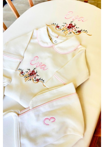 Çiçek Nakışlı Isme Özel 6'lı Yenidoğan Set %100 Pamuk Tulum Battaniye Şapka Puset Örtü Yastık Eldivn modelleri