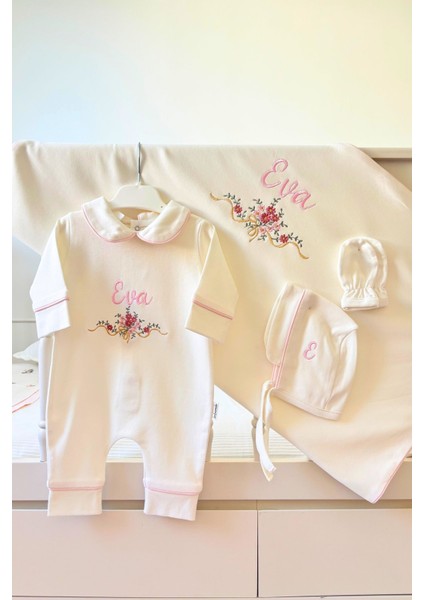 Çiçek Nakışlı Isme Özel 6'lı Yenidoğan Set %100 Pamuk Tulum Battaniye Şapka Puset Örtü Yastık Eldivn fırsatları