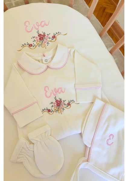 Çiçek Nakışlı Isme Özel 6'lı Yenidoğan Set %100 Pamuk Tulum Battaniye Şapka Puset Örtü Yastık Eldivn indirimleri