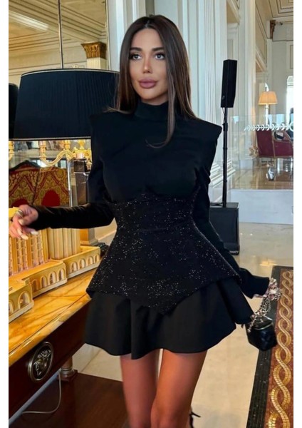 Uzun Kollu Işıltı Mini Elbise - Kristal Elmas Detaylı Kadın