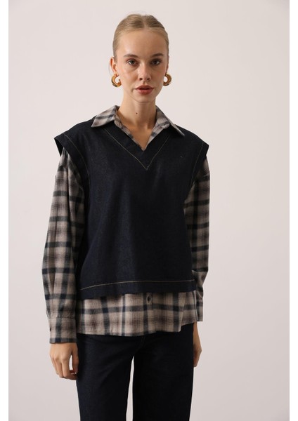 Kadın Denim Ikili Takım V Yaka Kot Yelek ve Yüksek Bel Geniş Paça Pantolon Kot Takım