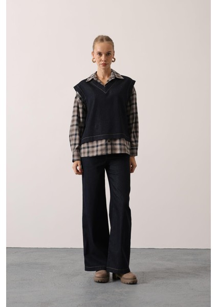 Kadın Denim Ikili Takım V Yaka Kot Yelek ve Yüksek Bel Geniş Paça Pantolon Kot Takım fiyatları