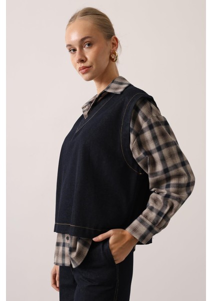 Kadın Denim Ikili Takım V Yaka Kot Yelek ve Yüksek Bel Geniş Paça Pantolon Kot Takım indirimleri