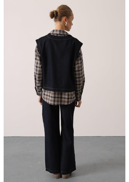 Kadın Denim Ikili Takım V Yaka Kot Yelek ve Yüksek Bel Geniş Paça Pantolon Kot Takım