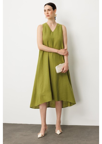 Kolsuz V Yaka Rahat Kesim Elbise-Yeşil fiyatları