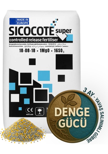 Sıco Sıcocote Super Crf 18-08-18+1MGO+16SO₃ | Kontrollü Salınımlı Granül Gübre | 25 kg | Made In Eu