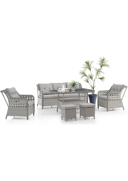 Rattan Alfa Bahçe Mobilyası 3+1+1+1+1+Camlı Masa