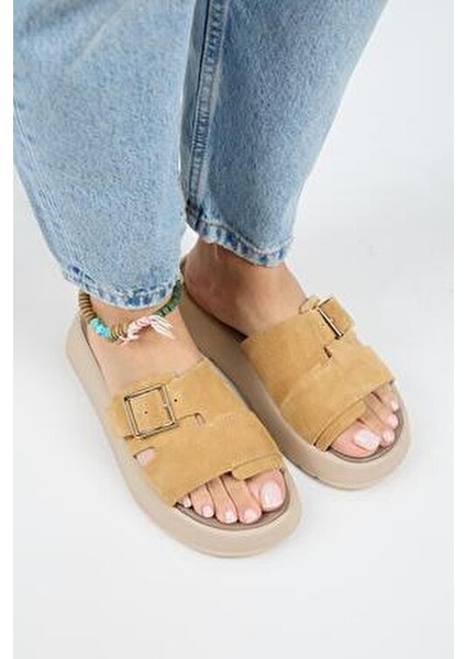 Begonia Kadın Hakiki Deri Tek Bant Hardal Terlik