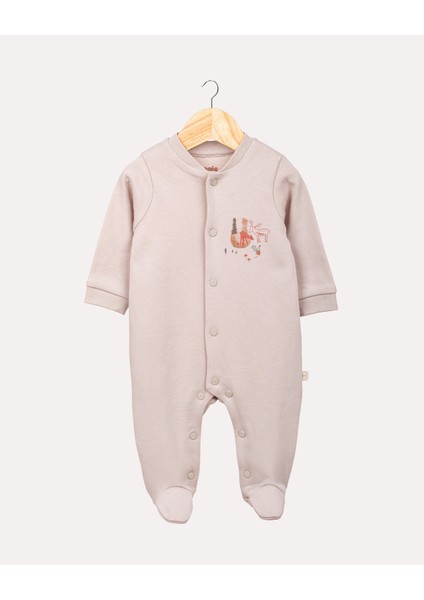 %100 Organik Pamuk Gots Sertifikalı Patikli Çıtçıtlı Orman Desenli Bebek & Yenidoğan Tulum – Taş | Hoogie Premium Babywear