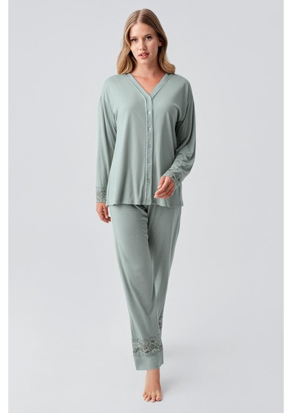Uzun Kollu Düğmeli Dantelli Esnek Viskoz Pijama Takım 18206 fiyatları