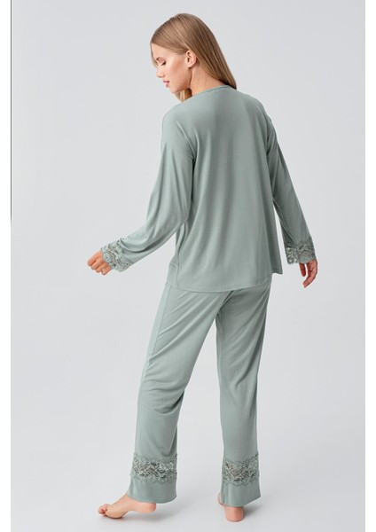 Uzun Kollu Düğmeli Dantelli Esnek Viskoz Pijama Takım 18206 modelleri
