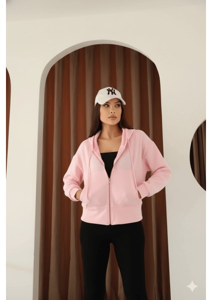 Kadın Fermuarlı Kapşonlu Beyaz Bol Crop Sweatshirt