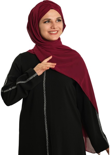 Bordo Pratik Hazır Geçmeli Bone Şal Şifon Drapeli 2507_16
