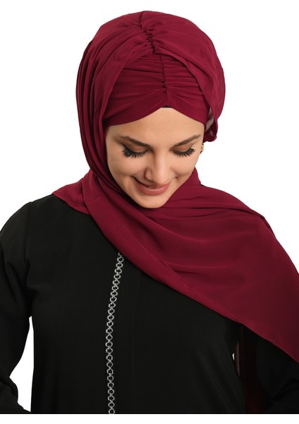 Bordo Pratik Hazır Geçmeli Bone Şal Şifon Drapeli 2507_16 modelleri