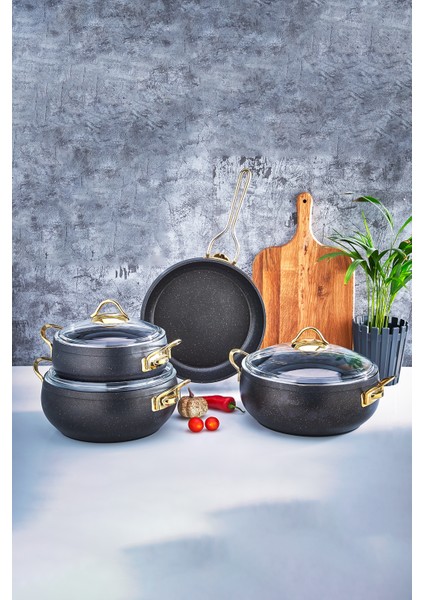 Mega Döküm Granit Tencere ve Tava Seti 7 Parça Siyah
