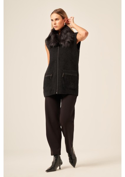 Ftz Kadın Kürk Detaylı Angora Yelek Siyah 20778 fiyatları