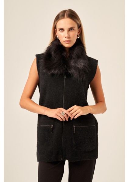 Ftz Kadın Kürk Detaylı Angora Yelek Siyah 20778 modelleri