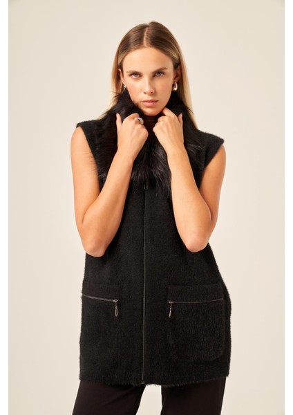 Ftz Kadın Kürk Detaylı Angora Yelek Siyah 20778 fırsatları