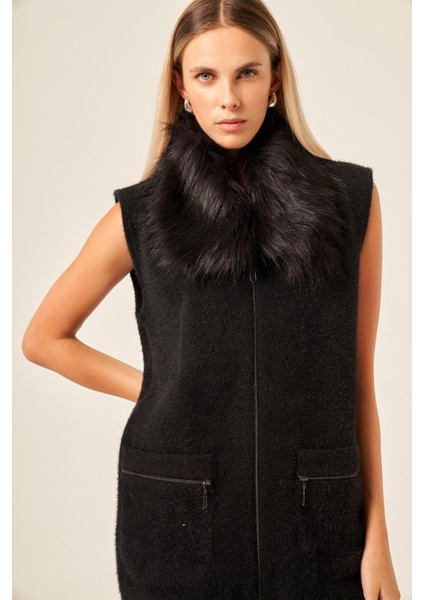 Ftz Kadın Kürk Detaylı Angora Yelek Siyah 20778 indirimleri