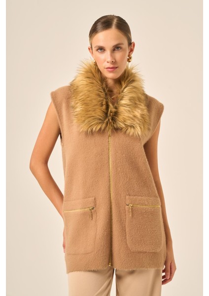 Ftz Kadın Kürk Detaylı Angora Yelek Bisküvi 20778