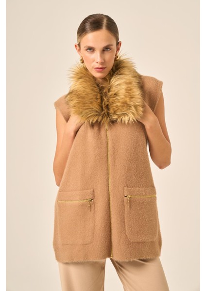 Ftz Kadın Kürk Detaylı Angora Yelek Bisküvi 20778 fiyatları