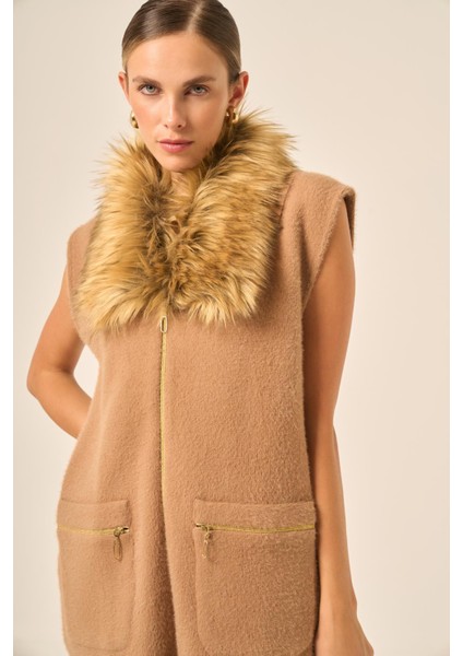 Ftz Kadın Kürk Detaylı Angora Yelek Bisküvi 20778 modelleri
