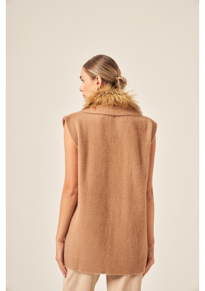 Ftz Kadın Kürk Detaylı Angora Yelek Bisküvi 20778