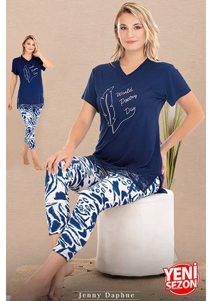 Lady Çiçek Desenli V Yakalı Kapri Pijama Takımı