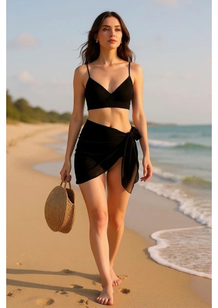 Kadın Siyah Transparan Belden Bağlamalı Pareo – Modern ve Şık Tasarım