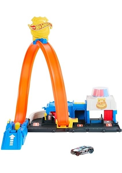 Wheels Polis Istasyonu Oyun Seti Hot Wheels Polis Istasyonu Oyun Seti, 1:64 Ölçekli Oyuncak Polis Arabası ve Ayarlanabilir Pist Çemberi JBM71 indirimleri