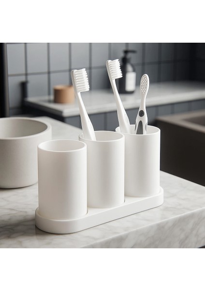Beyaz 3 Bölmeli 3D Baskı Diş Fırçası Organizeri – Banyo Düzenleyici – Sert Plastik