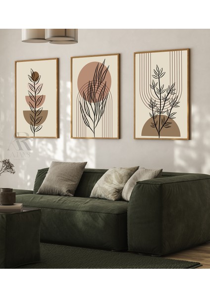 Minimalist Line Art Boho Çerçevesiz 3'lü Set Mdf Arka Planlı Poster