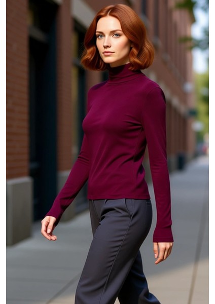 Kadın Fitted Balıkçı Yaka Uzun Kollu Basic Siluet Esnek Örme Bluz Cool & Comfort Tarzıyla Günlük