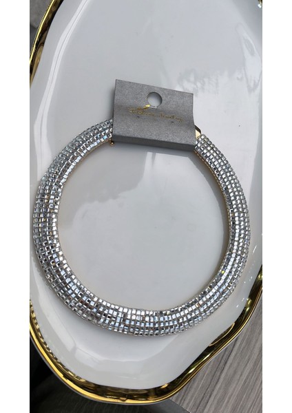 Göz Kamaştıran Gümüş Kristal Taşlı Tasma Kolye (Choker) - Ayarlanabilir