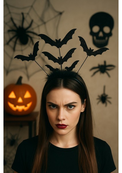 Cadılar Bayramı Siyah Tüylü Yarasalarla Süslenmiş Kadın Kostüm Tacı
