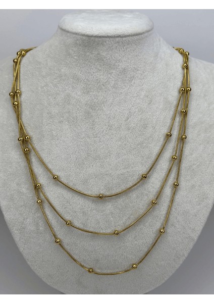Üç Sıralı Dorika Taşlı Gold Kolye