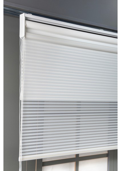 Beyaz Çift Mekanizmalı Tül ve Stor Güneşlik Perde 150 x 200 cm Polyester Kumaş