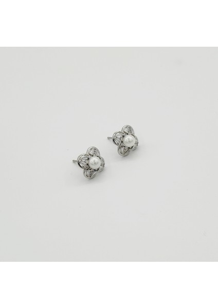 White Gold Plated Fiore Pearl Stud Küpe