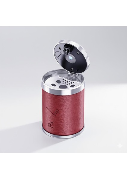 Premium Işıklı Küllük Deri Kaplamalı Şık Basmalı Bordo Araç Içi Küllük