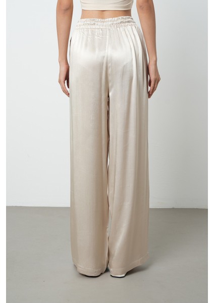 Kadın Açık Bej Düz %100 Viskoz Bol Paça Beli Lastikli Pantolon indirimleri