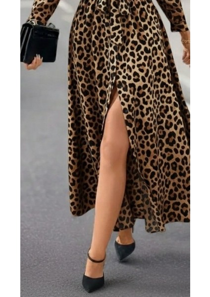 Kadın Uzun Kollu Yakalı Belden Kuşaklı Leopar Desenli Modal Uzun Elbise modelleri
