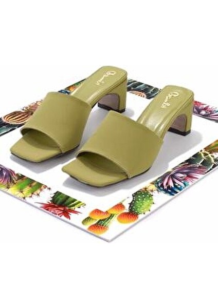 Yeşil Kumaş Kadın Terlik Orta Boy Kitten Topuk Hafif ve Nefes Alabilir Tasarım indirimleri