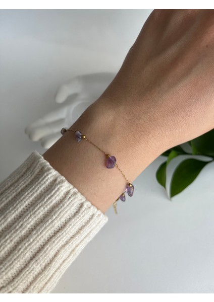 Gerçek Doğal Taşlı Paslanmaz Çelik Altın Renk Zarif Bileklik