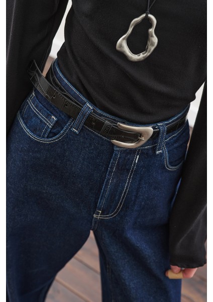 Timsah Deri Görünümlü Kemer Siyah modelleri