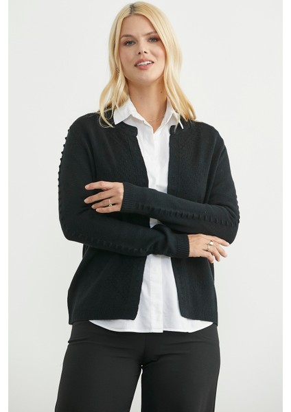 Yuvarlak Yaka Motifli Triko Hırka - Siyah fiyatları