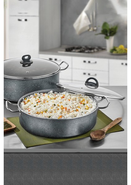 Megatron Döküm Granit Basık Pilav Tencere Kapaklı 32 cm Gri