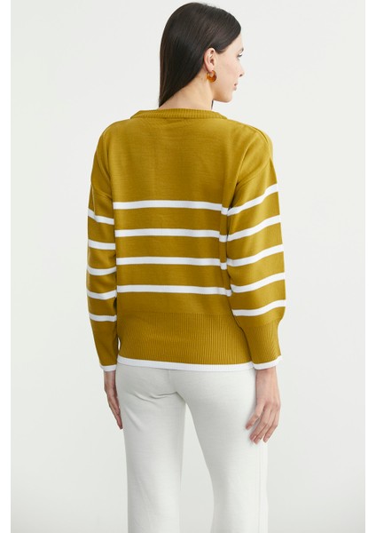 Oversize Çizgi Detaylı Triko Kazak - Zeytin Yeşil indirimleri